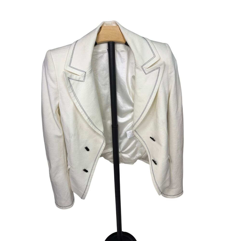 VTG Plein Sud Jeanius cream open blazer, black stitching, toggle buttons. Size 6